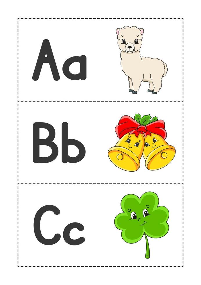 alfabeto inglés con personajes de dibujos animados. tarjetas de memoria flash. conjunto de vectores. estilo de color brillante. aprender abc. letras minúsculas y mayúsculas. vector