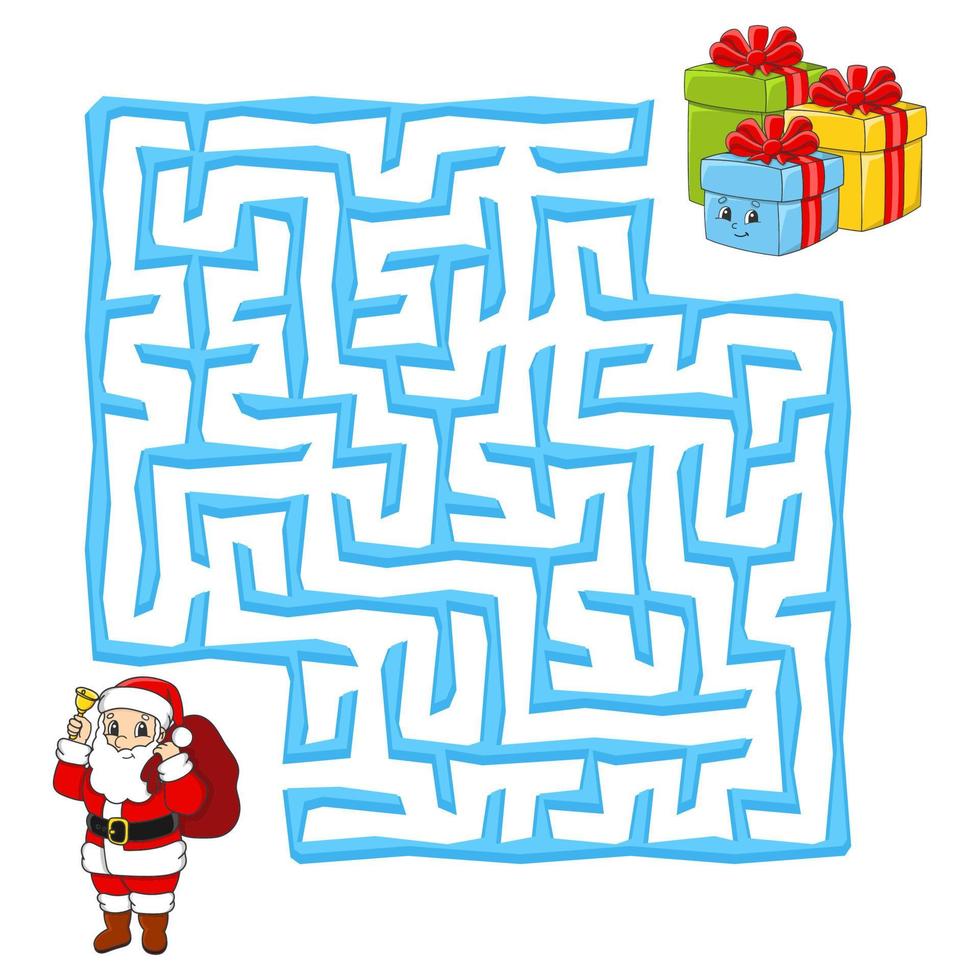 Square maze. Christmas game for kids. Winter puzzle for children. Labyrinth conundrum. Color vector illustration. Find the right path. Education worksheet.
