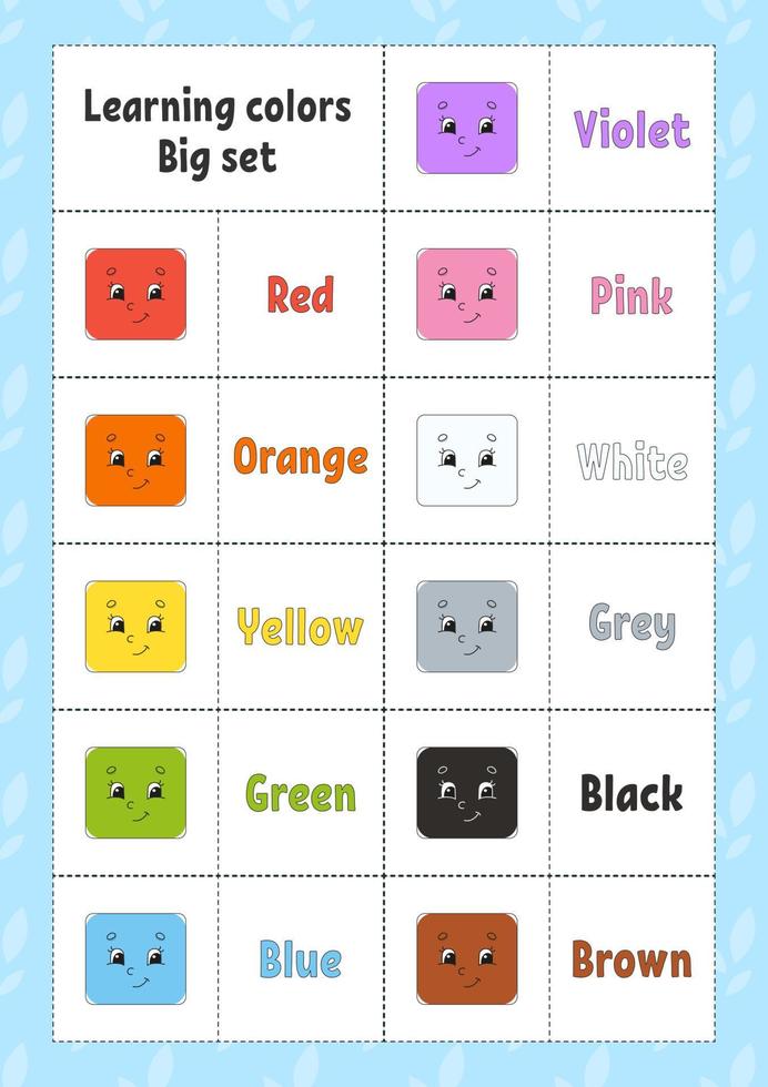 Learning colors. Flashcard for kids. Cute cartoon characters. Picture set for preschoolers. Education worksheet. Vector illustration.