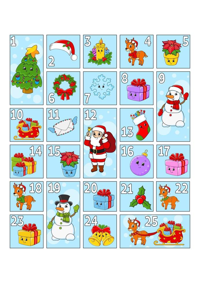 calendario de adviento navideño con personajes lindos. santa claus, ciervo, muñeco de nieve, abeto, copo de nieve, regalo, chuchería, calcetín. estilo de dibujos animados. con los números del 1 al 25. ilustración vectorial. preparación de vacaciones. vector