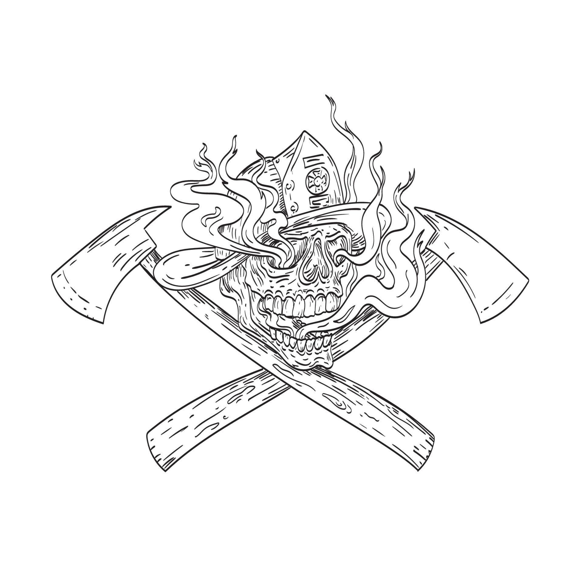 American Fireman Skull Wearing Firefighter Helmet Hat with Crossed Fire Axe Smoke and Fire