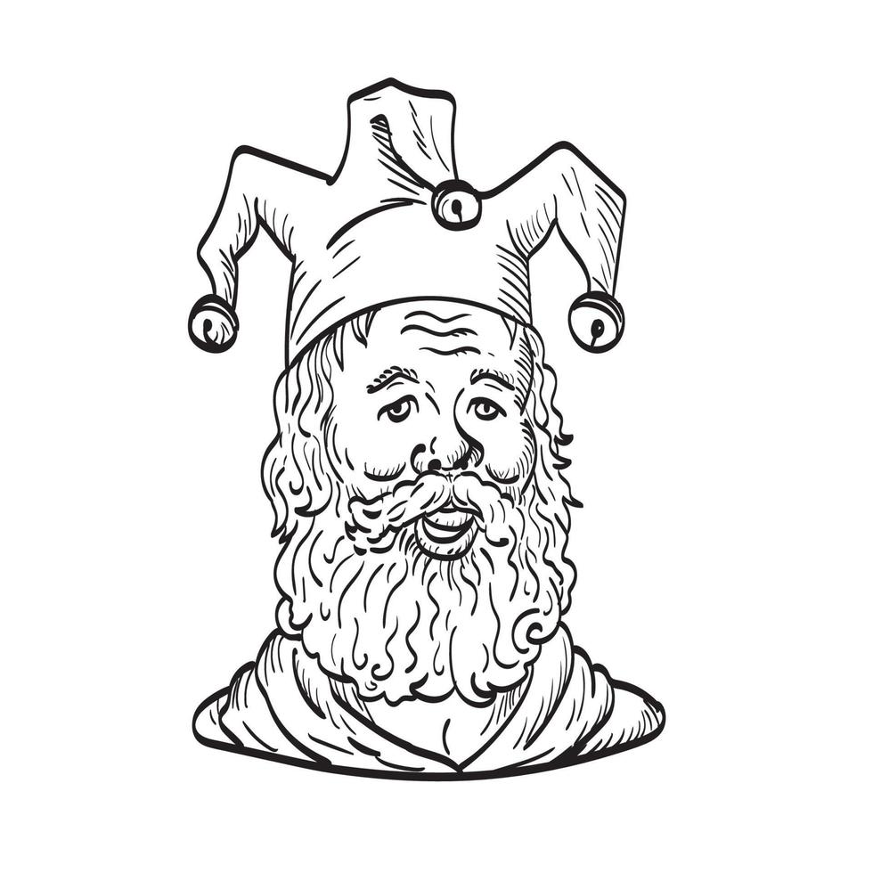 Old Court Jester or Fool Wearing Hat and Beard Viewed from Front Tattoo Drawing Black and White vector