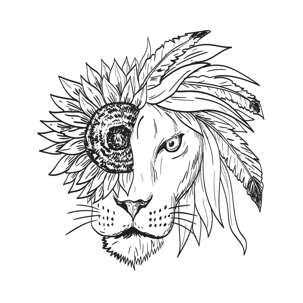 León con girasol helianthus pluma y hojas como melena visto desde el frente dibujo de tatuajes en blanco y negro vector