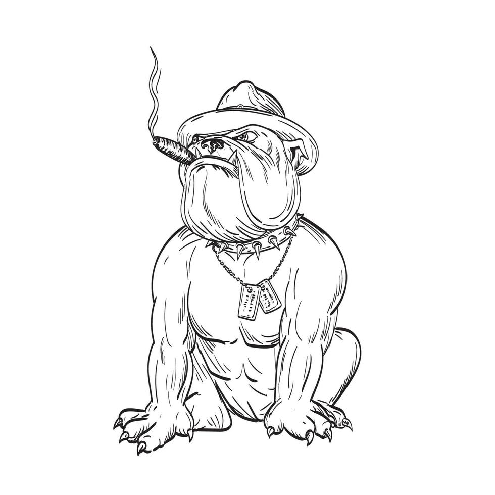 Army Sergeant Major Bulldog Devil Dog Smoking Cigar Wearing Dog Tags Sitting Tattoo Drawing Black and White vector