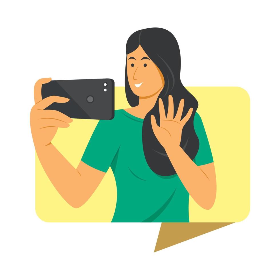 Woman Enjoy Video Calling on Mobile Phone and is in Big Chatting Bubble Icon. vector