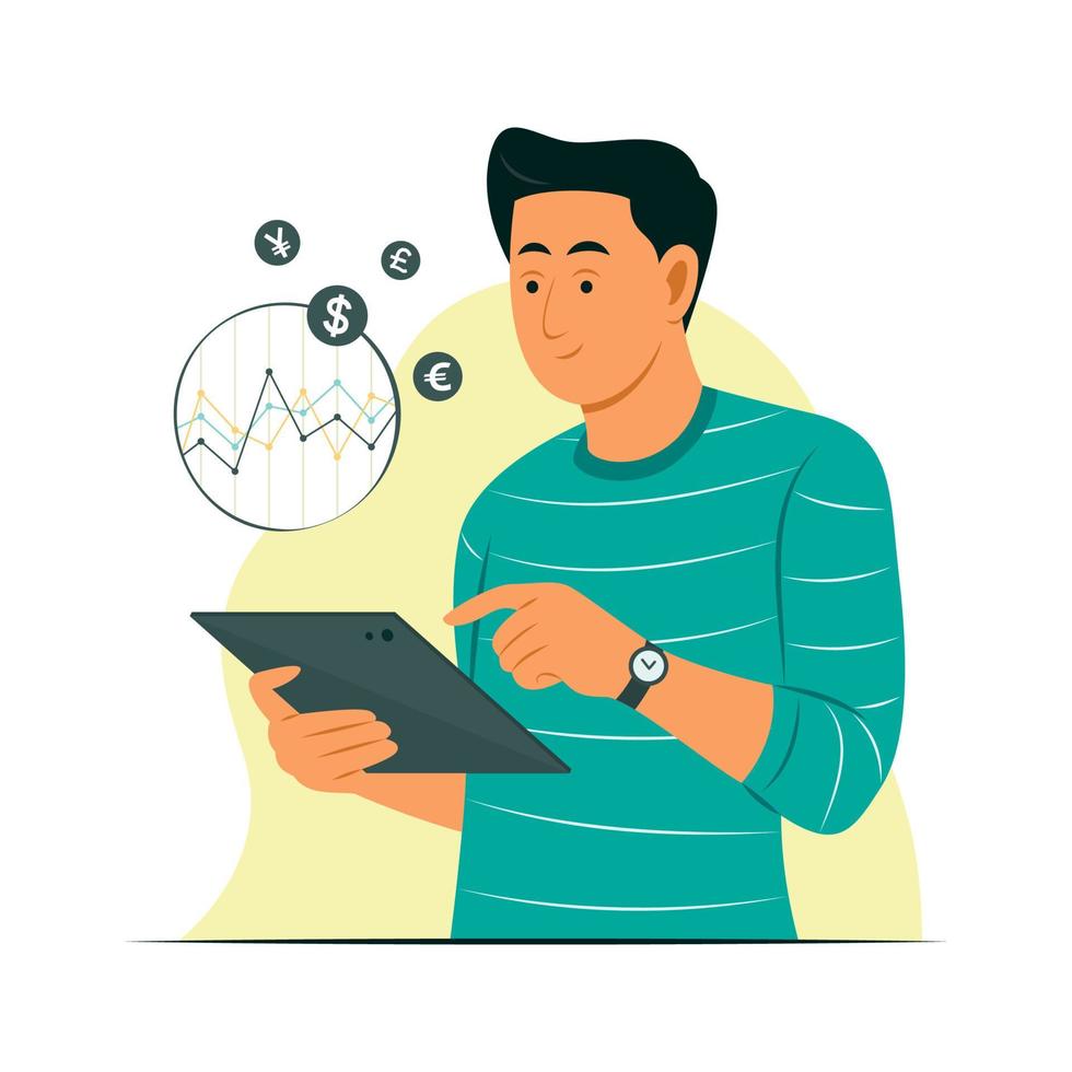 Man Look at Tablet to Checking the Foreign Currency Graph. vector