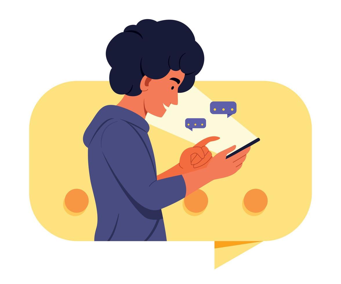 Man Chatting on Mobile Phone and is in Big Chatting Bubble Icon. vector