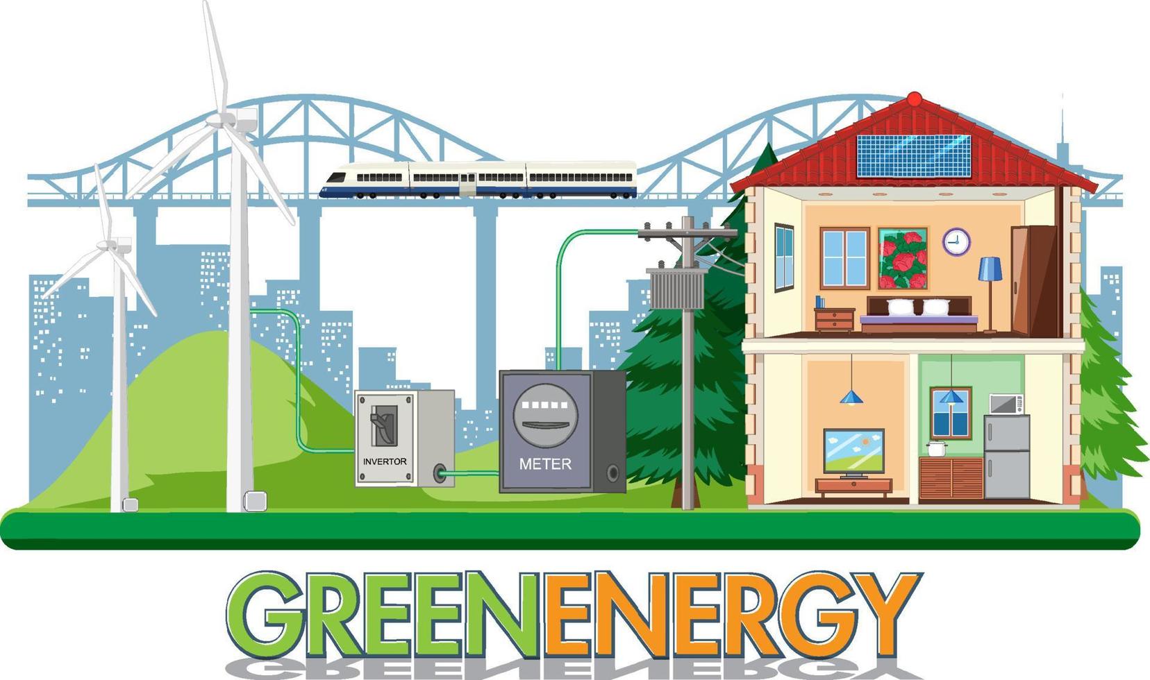 Energía verde generada por turbinas eólicas y paneles solares. vector