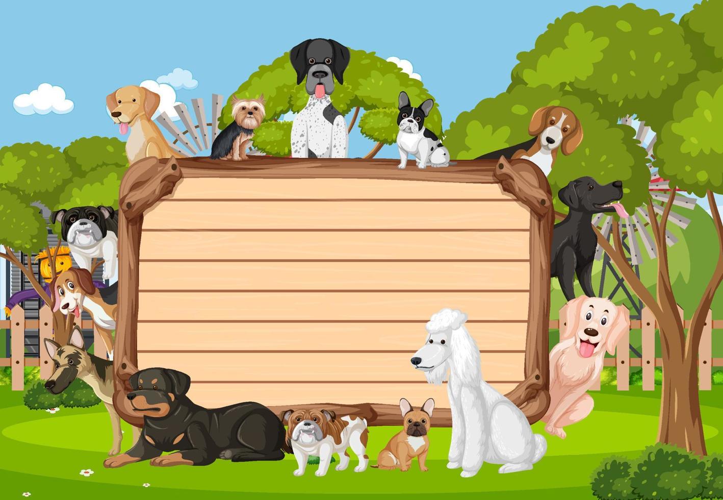 Empty wooden board with various breeds of dogs in the park vector