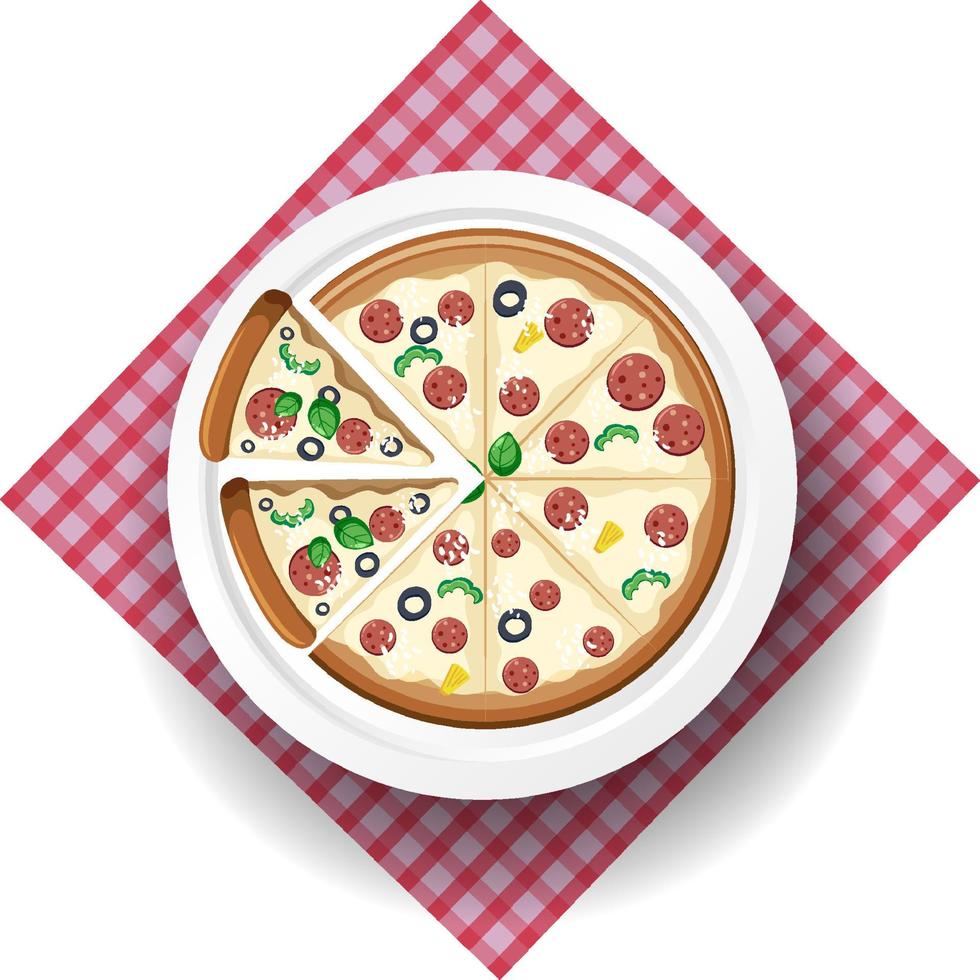 Top view of cheese salami pizza on tablecloth vector