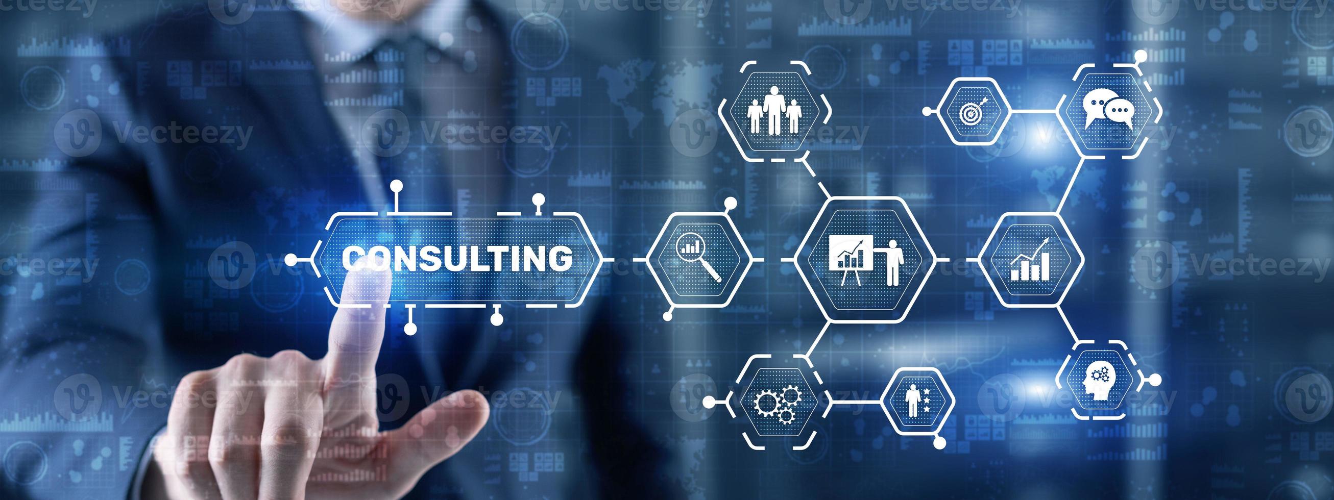 Consulting concept. Man pressing 3d icon consulting photo