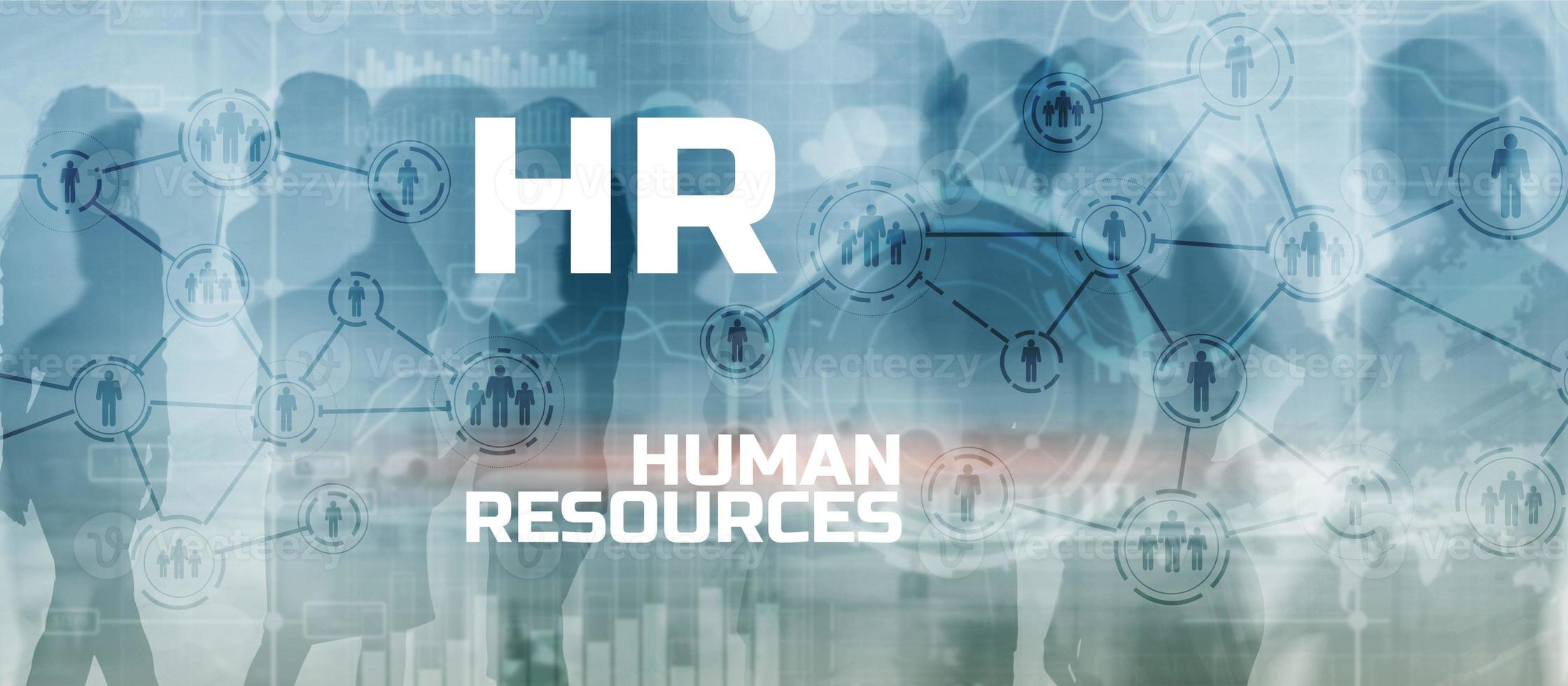 HR - Human resources management and recruitment concept. Double exposure people network mixed media structure photo