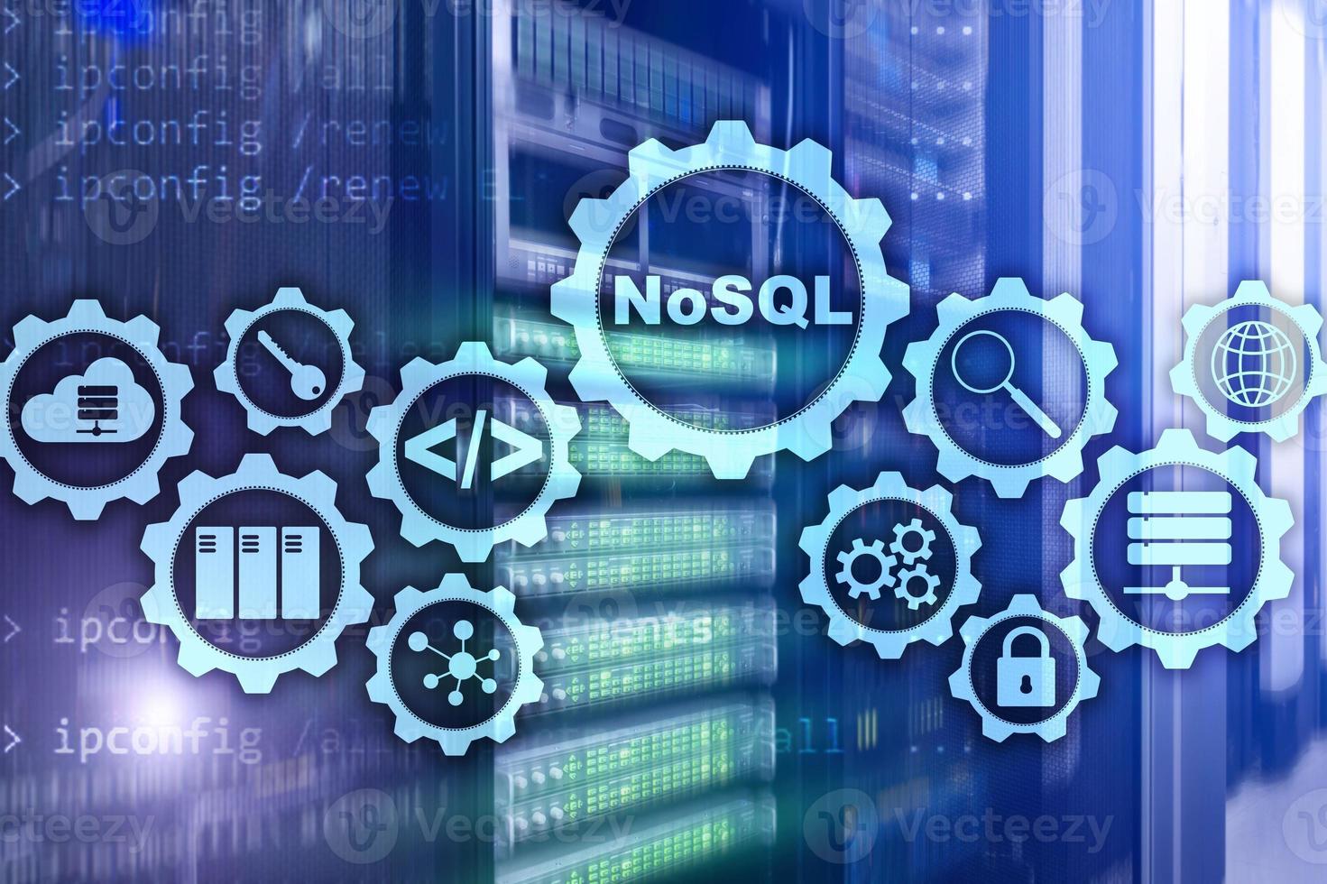 nosql. lenguaje de consulta estructurado. concepto de tecnología de base de datos. fondo de la sala de servidores foto