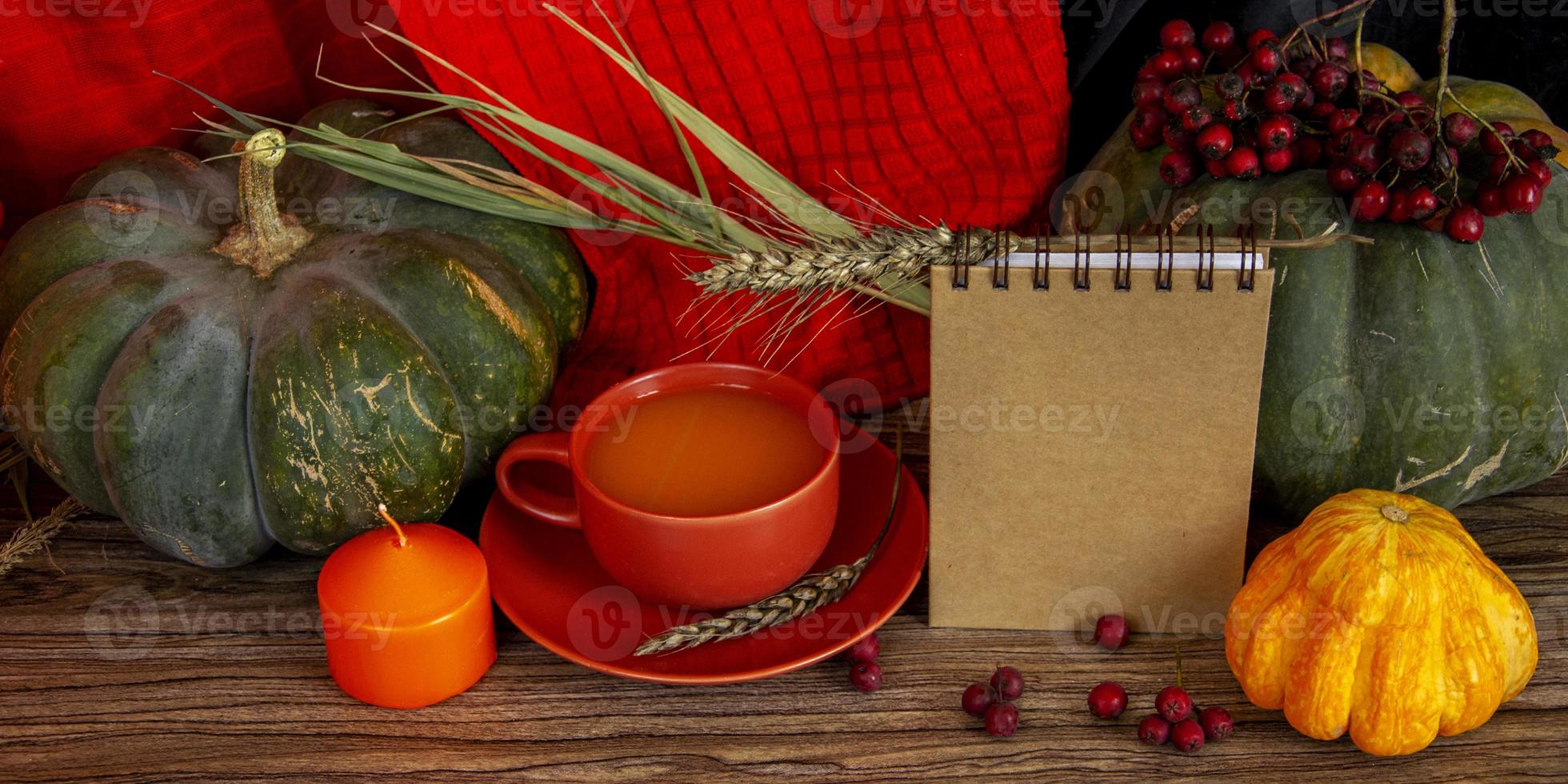 Halloween card with skeleton. Autumn background with notepad and pumpkins. photo