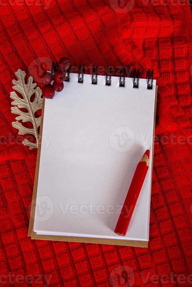 Notepad with blank space for text. White sheet on a red background. photo