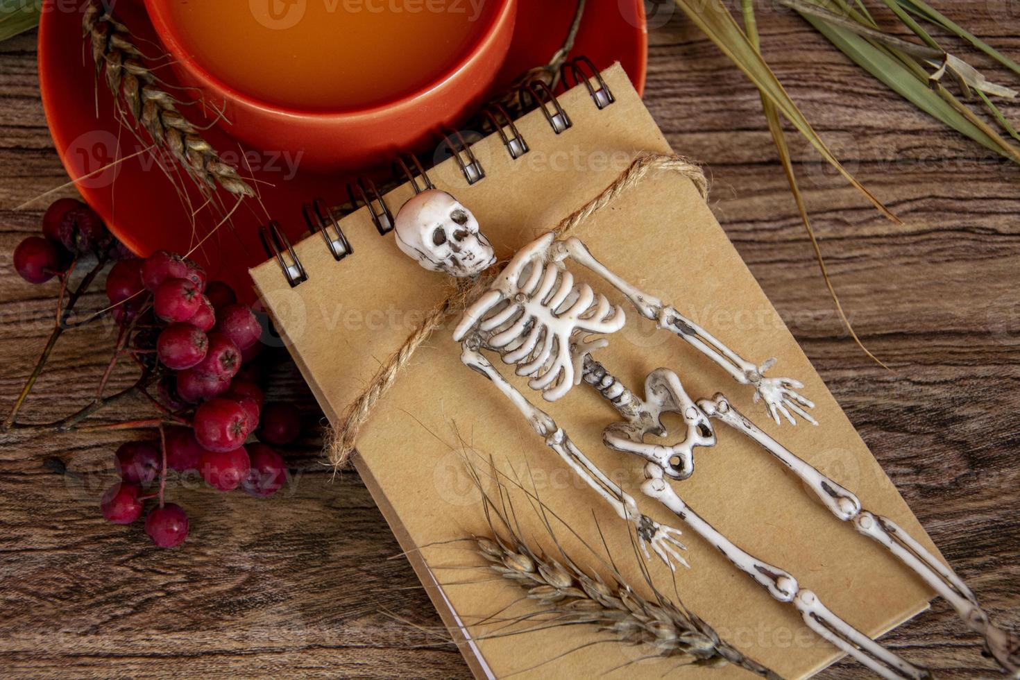 Halloween card with skeleton. Autumn background with notepad. photo