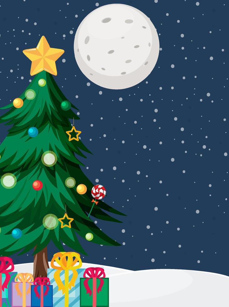 Snow falling at night background with Christmas tree vector