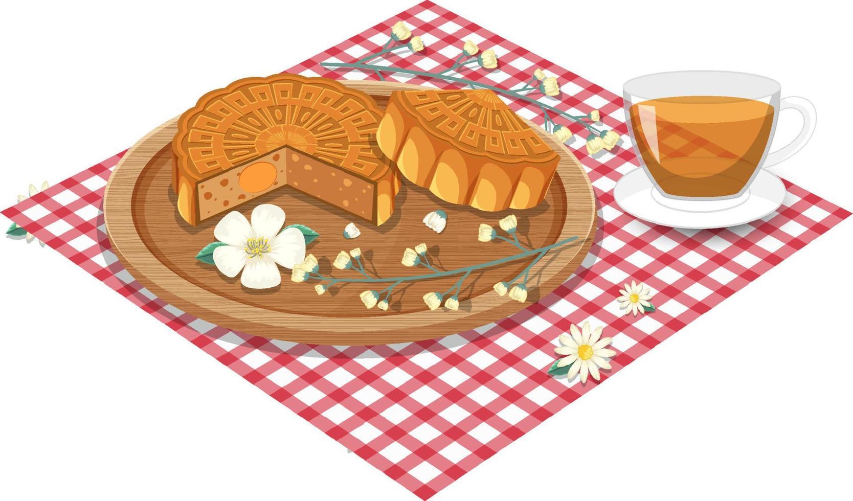 Salted egg yolk mooncake with teacup set on tablecloth vector