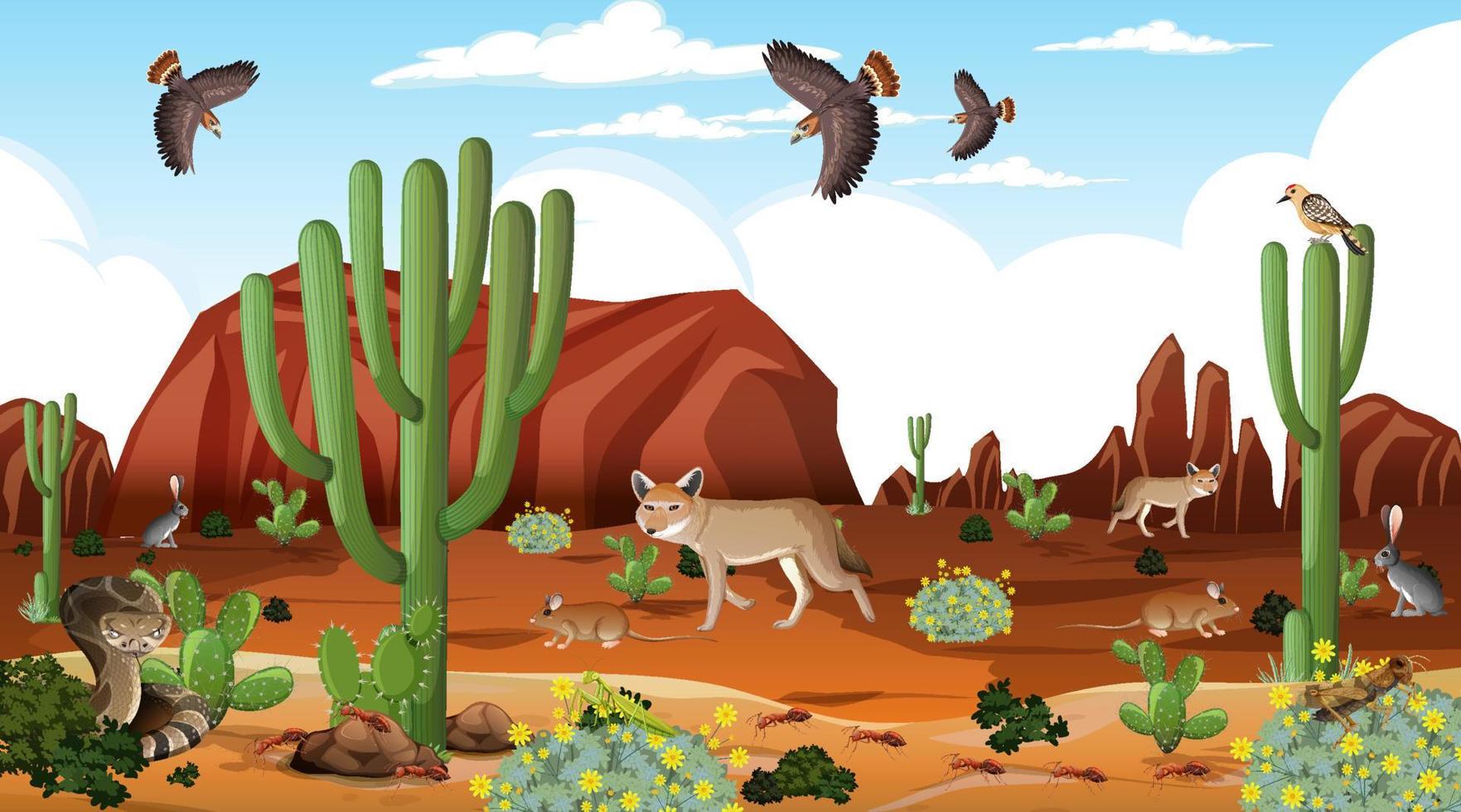 Desert forest landscape at daytime scene with willd animals vector