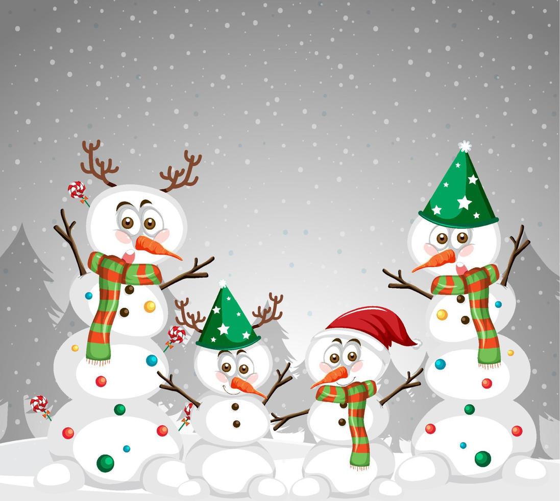 Snowman family on snow grey gradient background vector