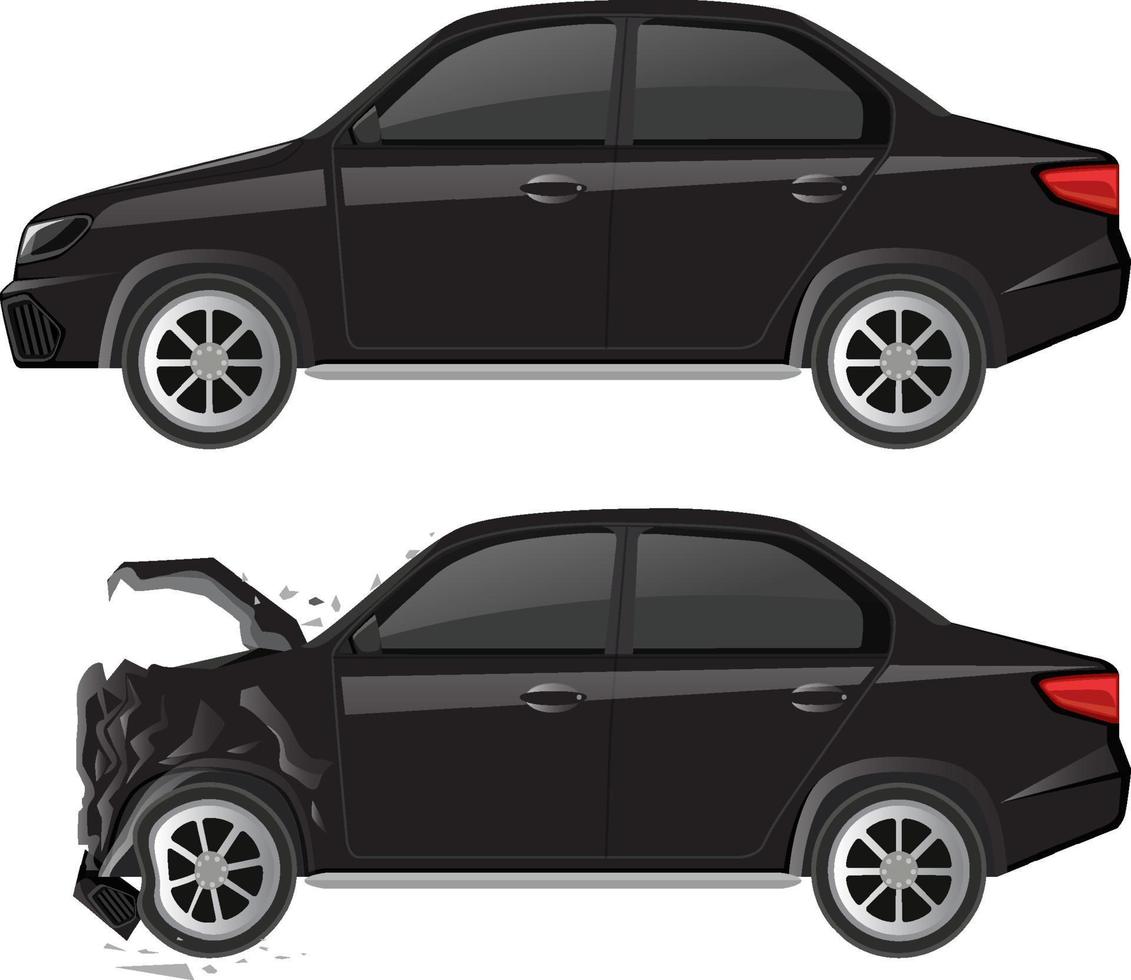 Black sedan car and wrecked car on white background vector