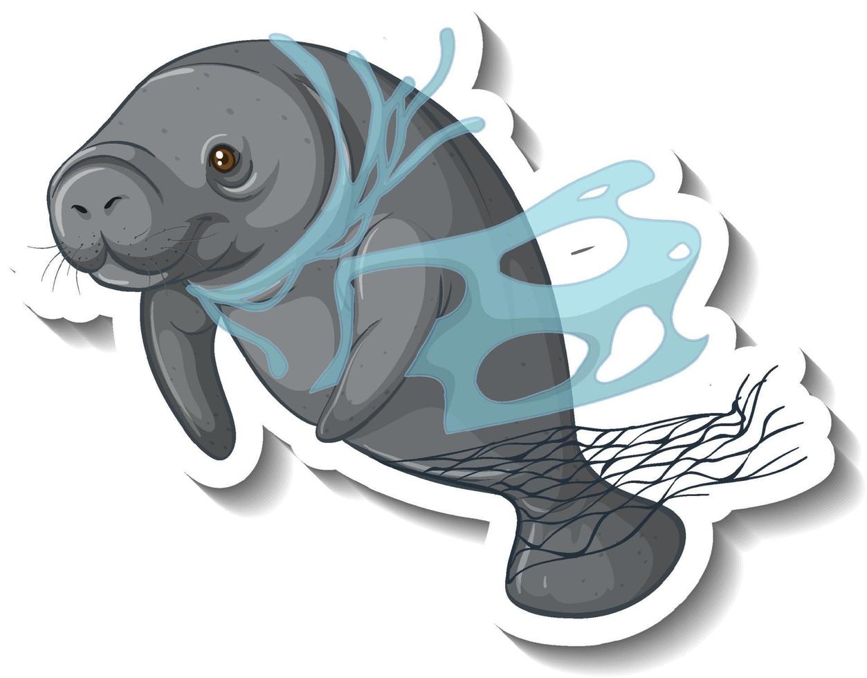 Manatee stuck in plastic net on white background vector