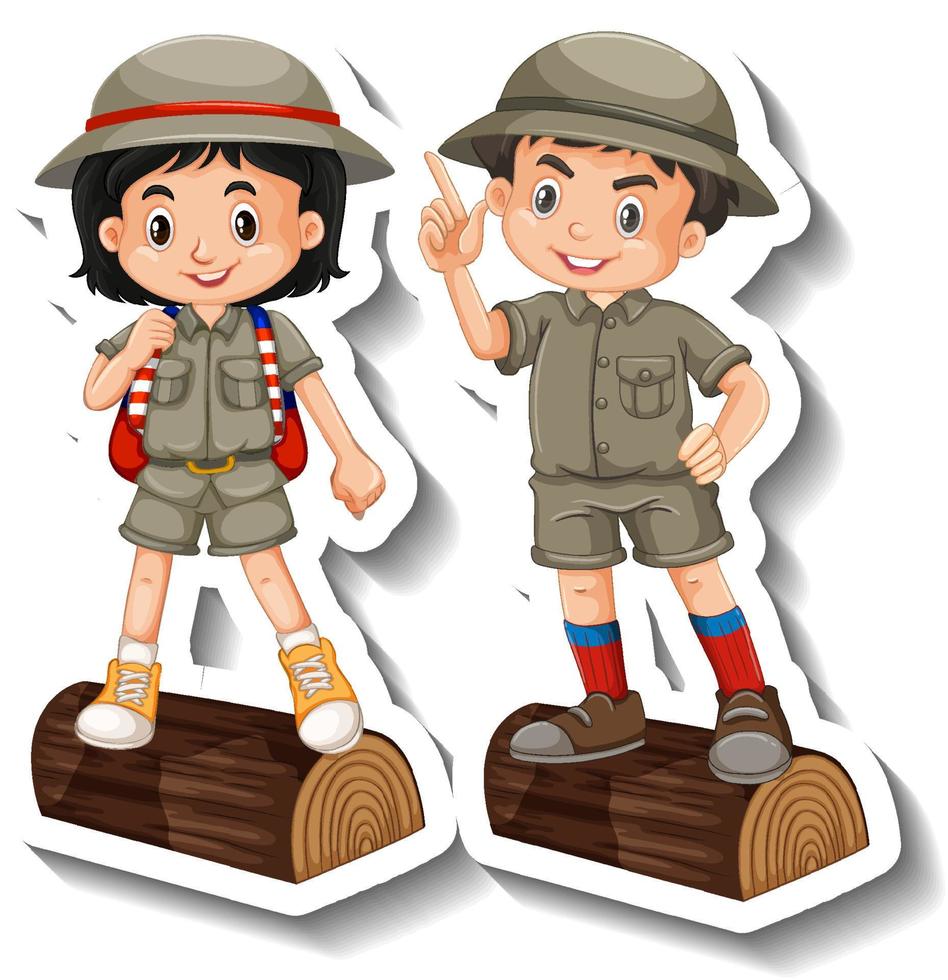 pareja de niños usan traje de safari pegatina de personaje de dibujos animados vector
