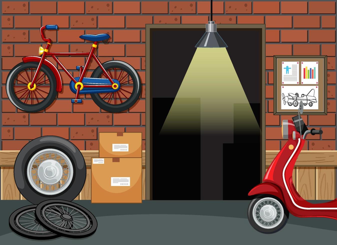 Interior de garaje con motocicleta y bicicleta. vector