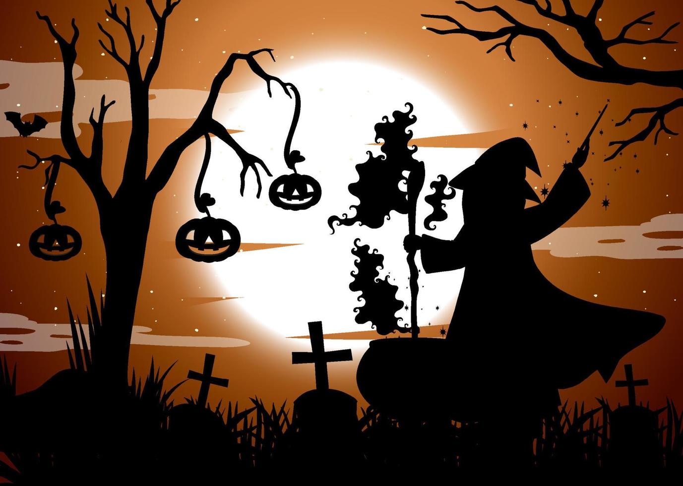 Fondo de noche de halloween con silueta de mago vector