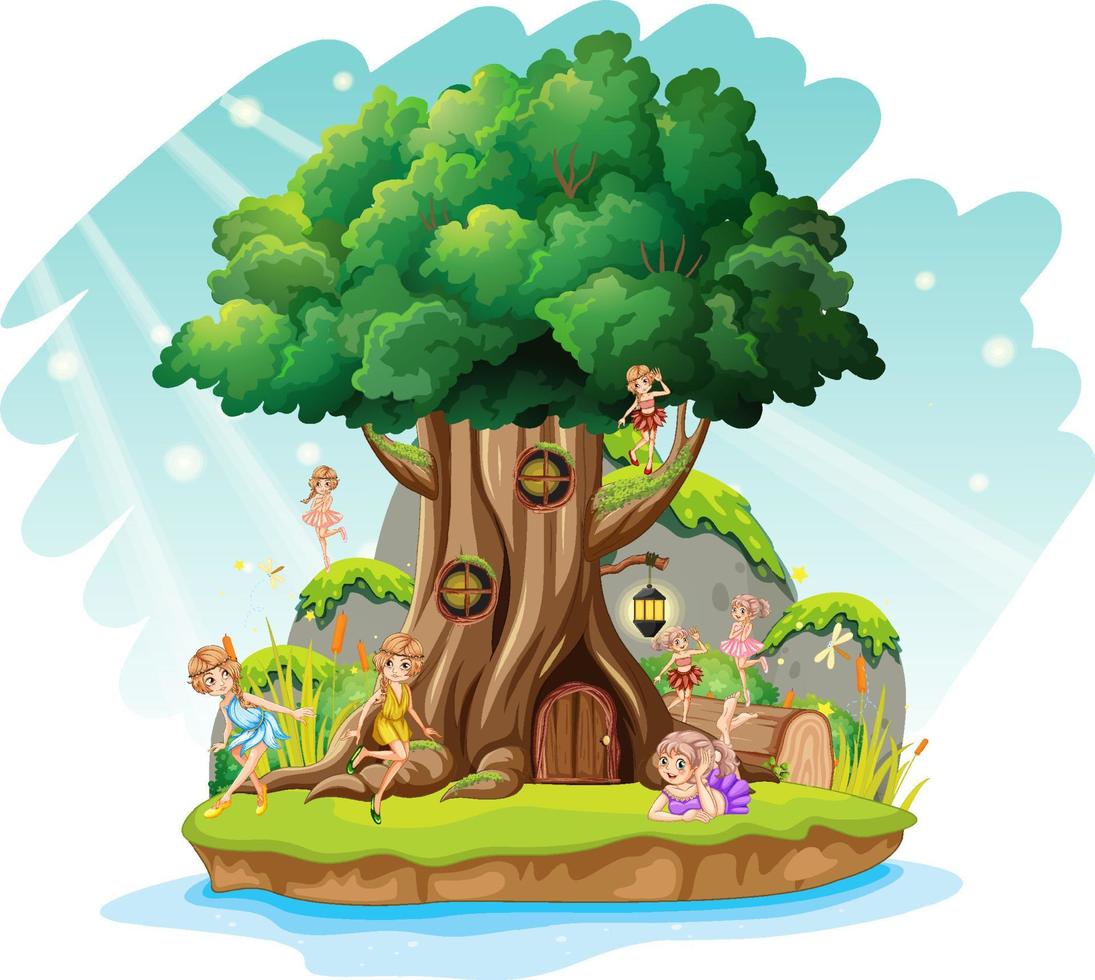 Fantasy tree house with fairies cartoon vector