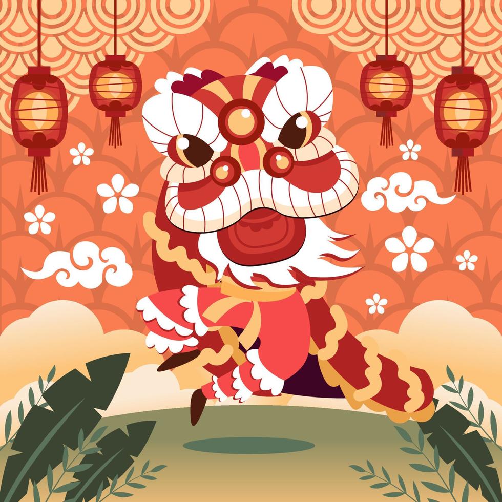 linda danza del león en el año nuevo chino vector