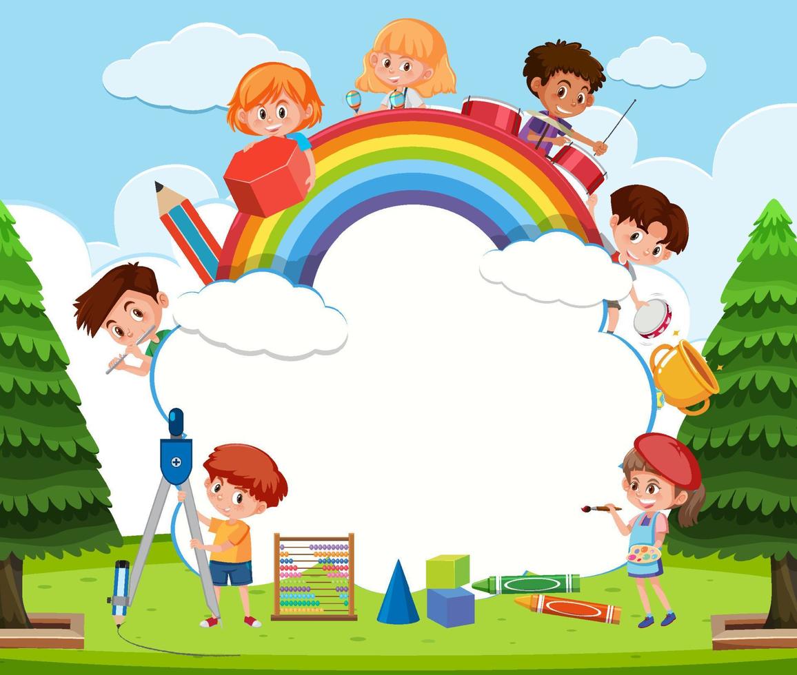 Banner de nube vacía con dibujos animados de niños de escuela vector