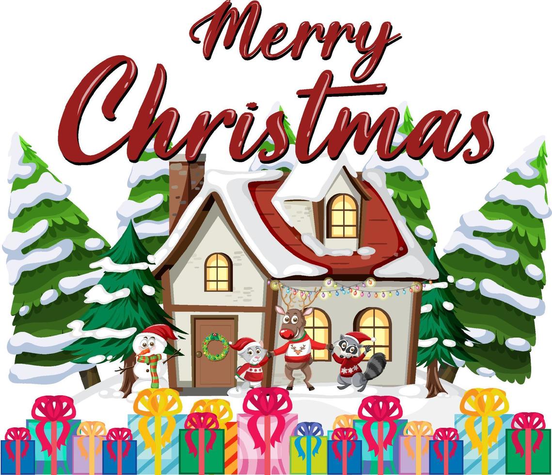 Merry Christmas text design with winter house and tree 4194263 Vector ...