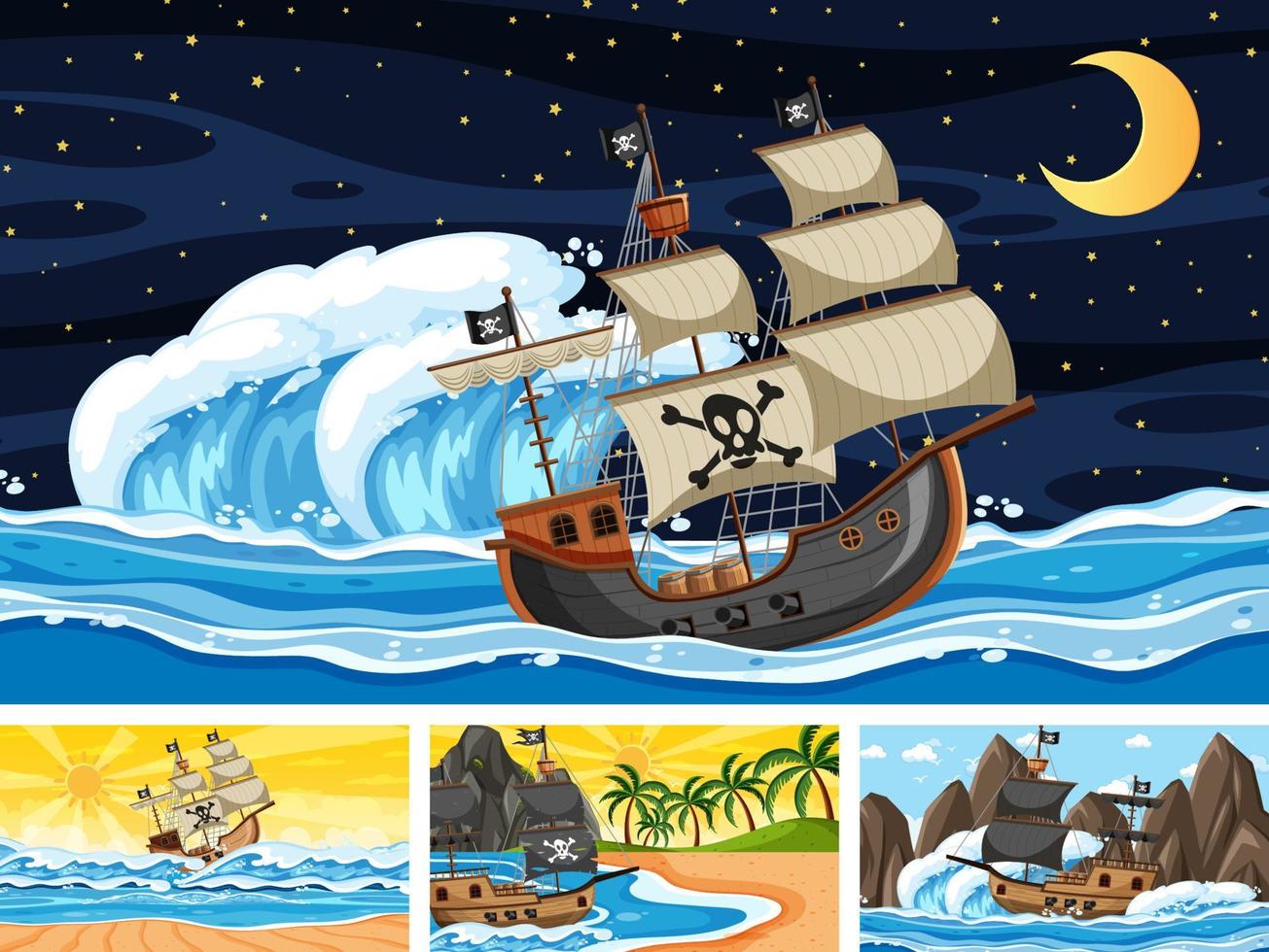 Set of ocean scenes at different times with Pirate ship in cartoon style vector