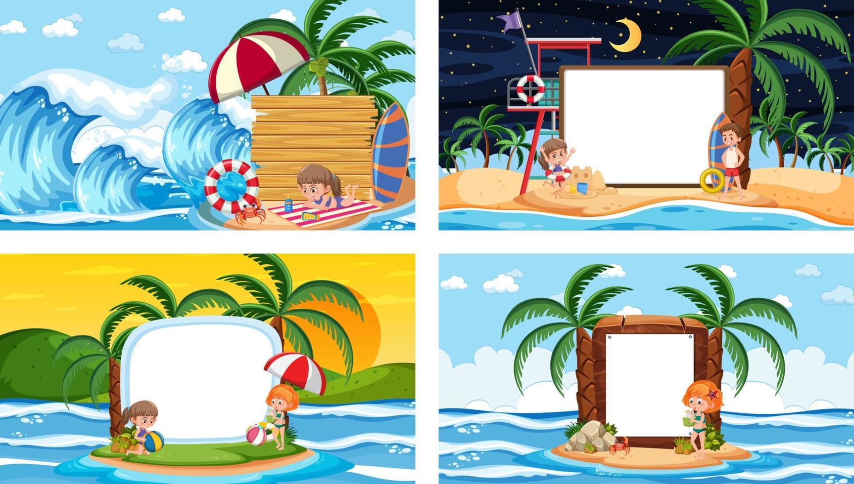 Set of different tropical beach scenes with blank banner vector