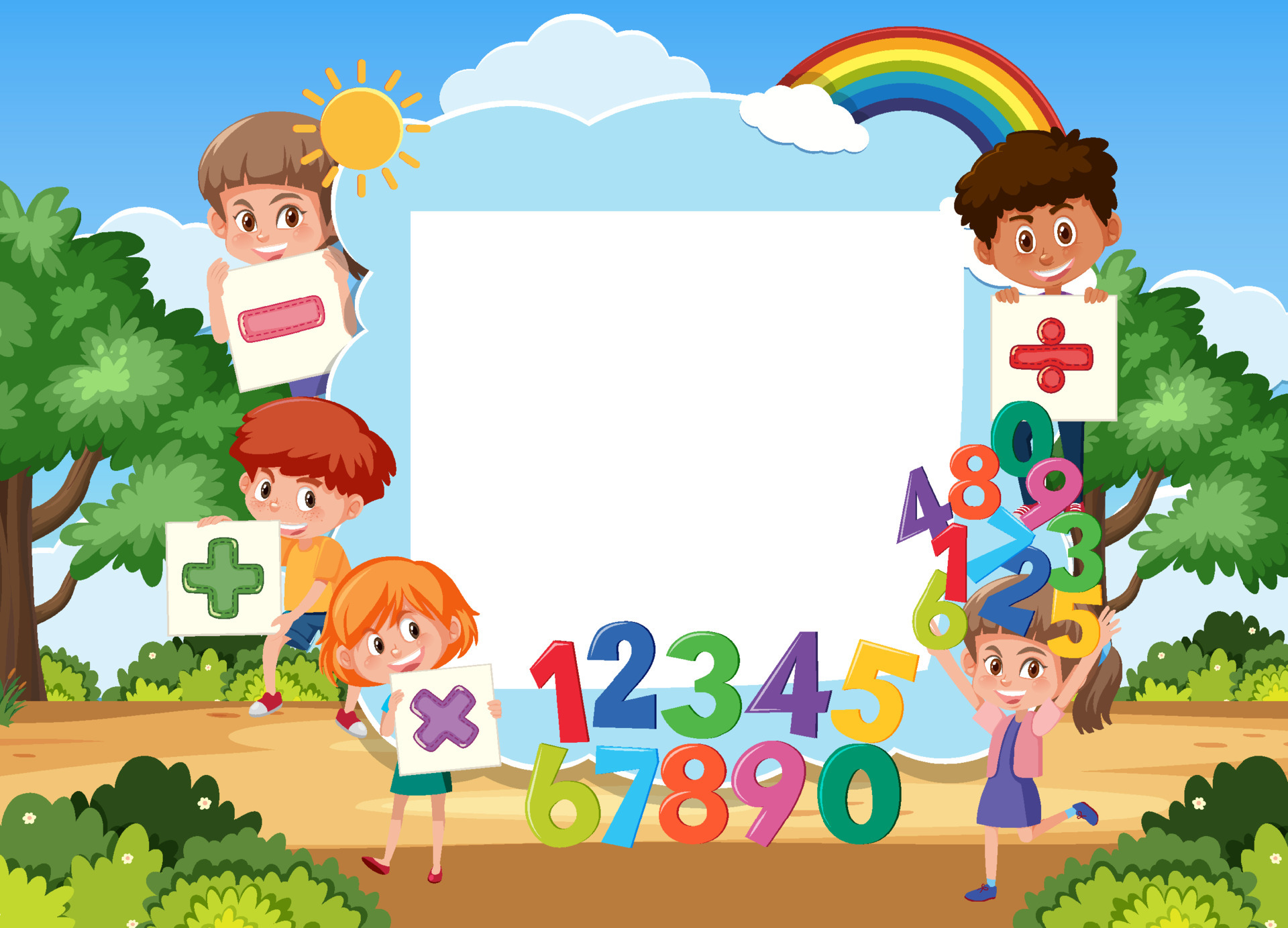 Empty board with kids and math objects at park scene 4194787 Vector Art