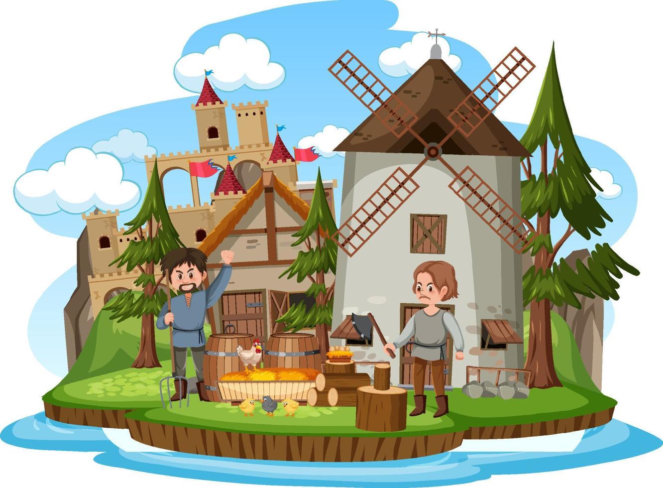 Medieval village with windmill and villagers vector