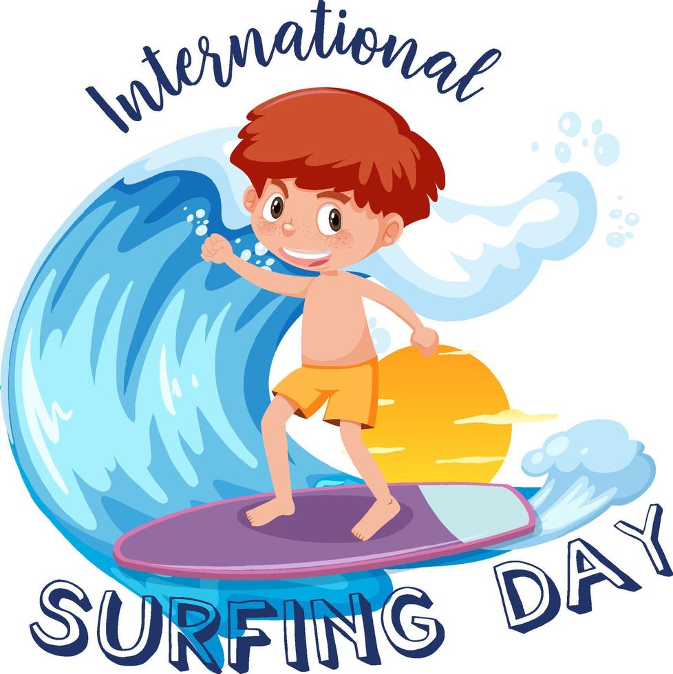 International Surfing Day banner with a boy surfer cartoon character isolated vector