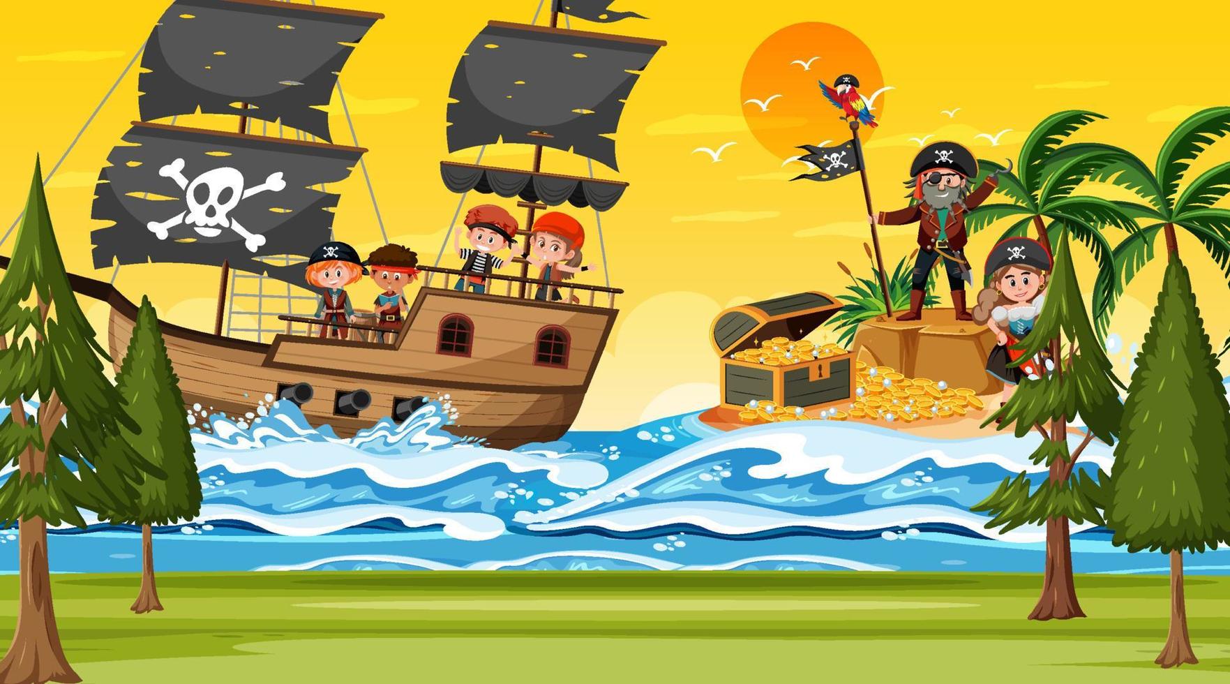 Ocean scene at sunset time with Pirate kids on the ship vector