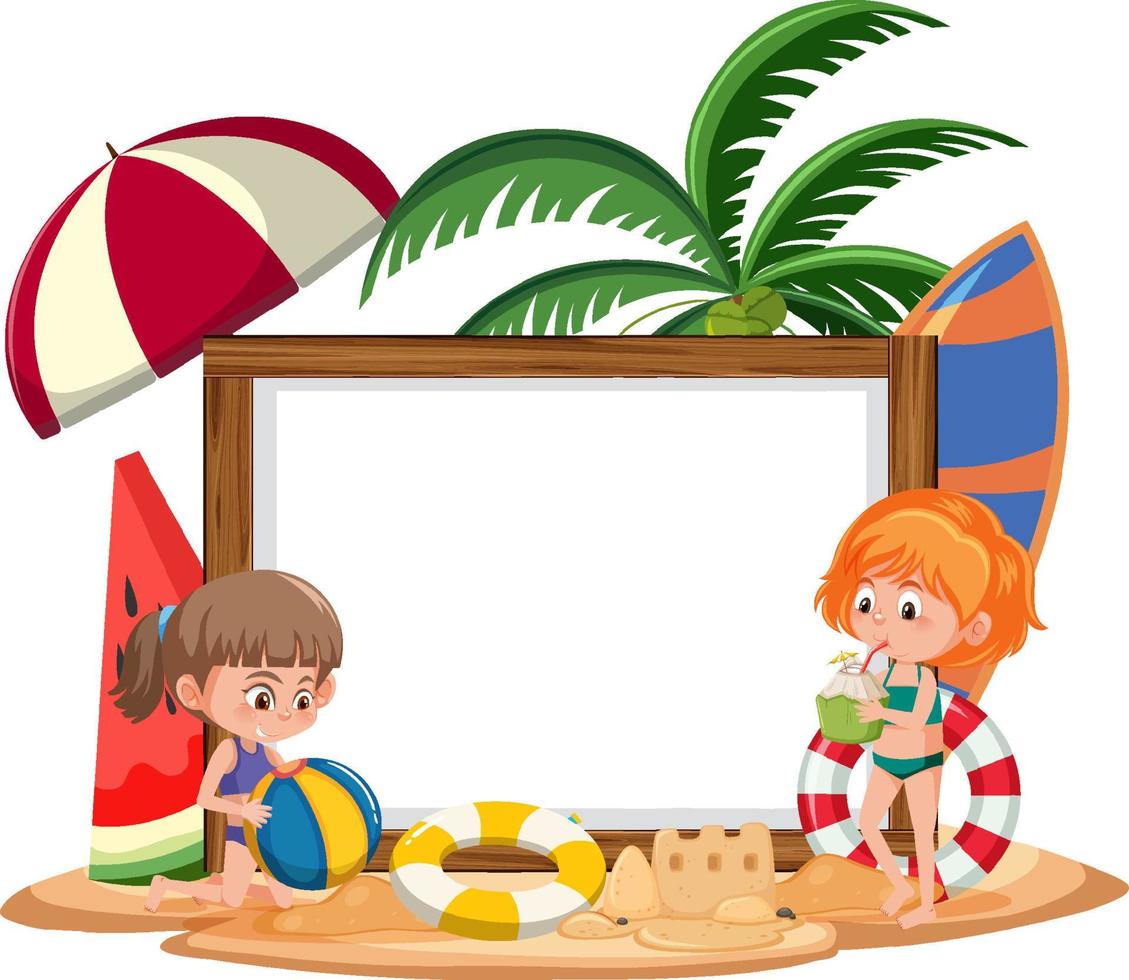 Plantilla de banner vacío con carácter de niños en vacaciones de verano en la playa sobre fondo blanco. vector