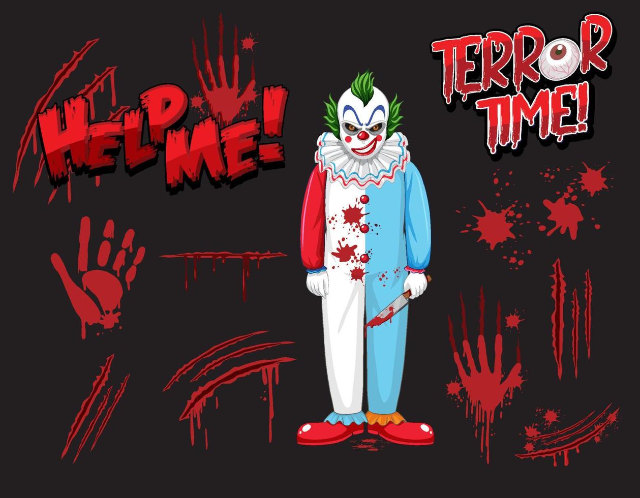 Creepy clown with set of blood spatter and blood hand print vector
