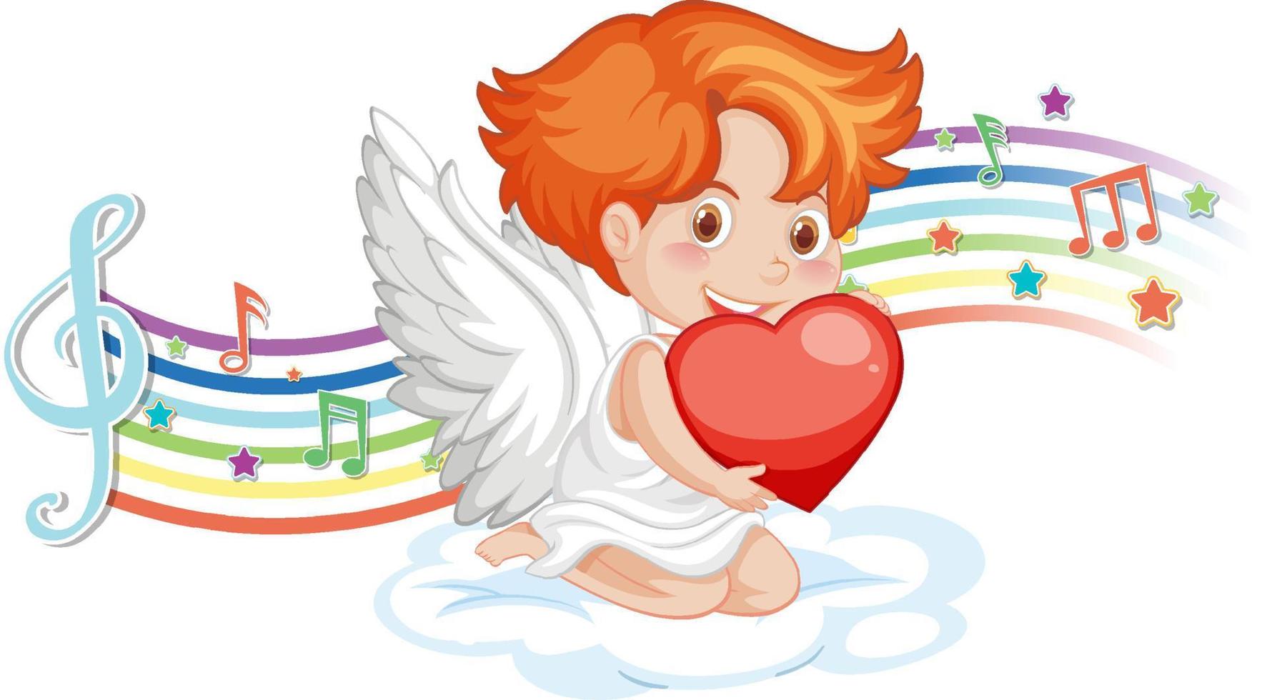 Carácter de ángel Cupido con símbolos de melodía en arco iris vector