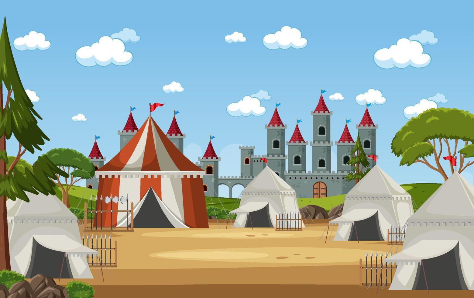 Campamento militar medieval con carpas y castillo. vector