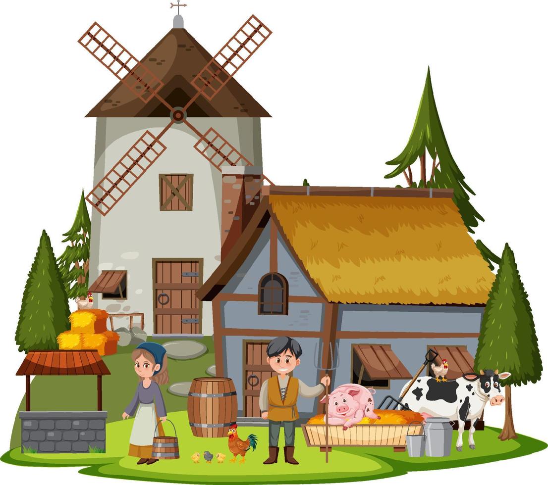 casa medieval con aldeanos y animales de granja vector