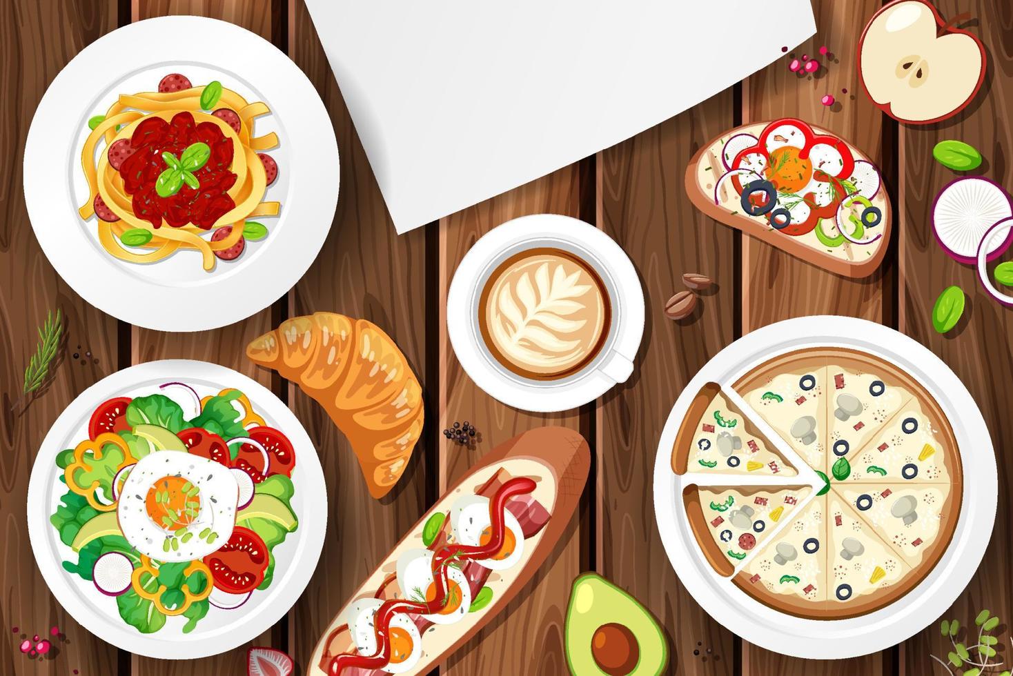 Different plates of food on the table vector