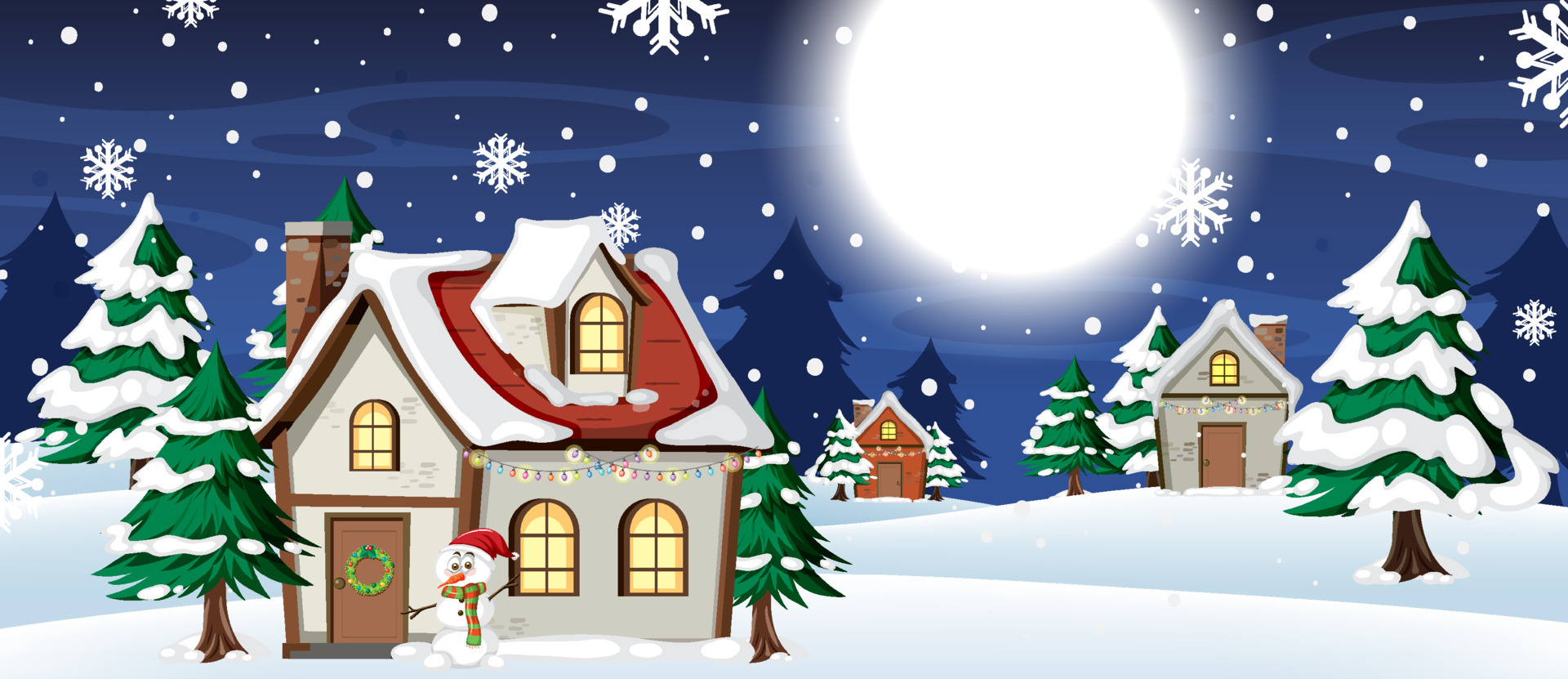 Christmas background with snow house at night 4195751 Vector Art at Vecteezy