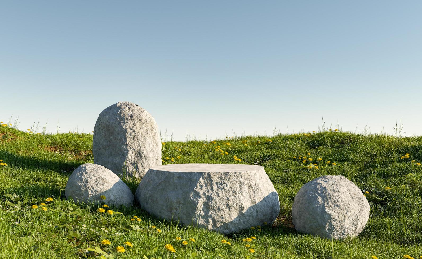 Soporte de exhibición de productos de piedra en prado verde foto