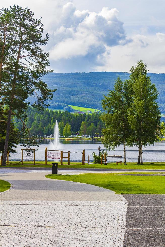 Park and lake Strondafjorden in town Fagernes Fylke Innlandet Norway. photo