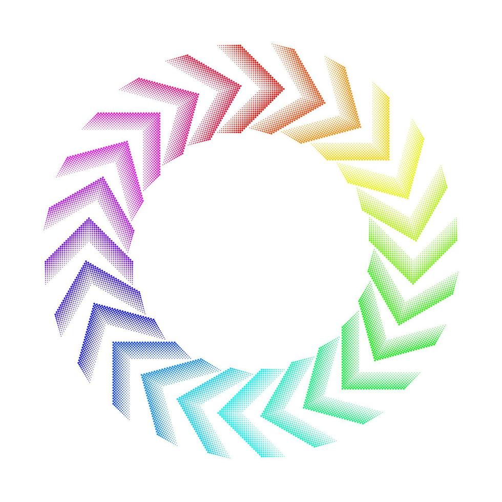 Signo multicolor de flecha circular de semitono, puntero de dirección de puntos vectoriales. vector