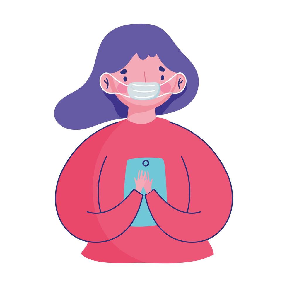 young woman with medical mask and smartphone online shopping covid 19 vector